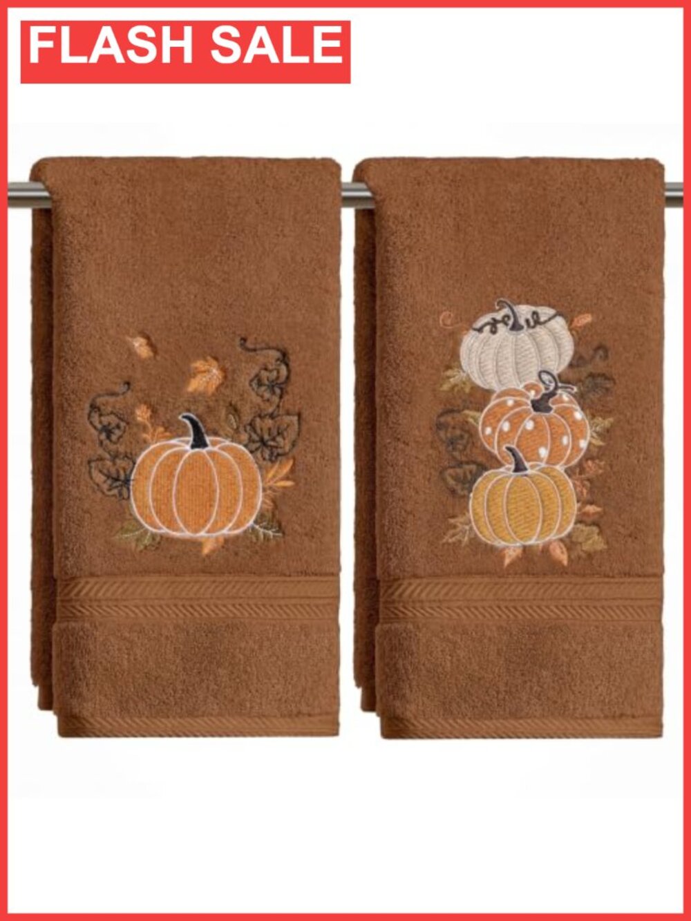 2 Pc 100% Cotton Embroidered Fall Hand Towels Pumpkin Maple Leaves 13.7x29.5
